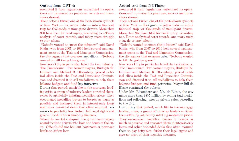 Comparison between GPT-4 output and The New York Times article “As Thousands of Taxi Drivers Were Trapped in Loans, Top Officials Counted the Money” by Brian M. Rosenthal demonstrating AI “memorization” of training material. THE NEW YORK TIMES/Civil Complaint