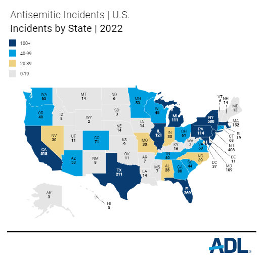 Map of America portraying the amount of antisemitic hate crimes by state. ANTI-DEFAMATION LEAGUE/Graphic