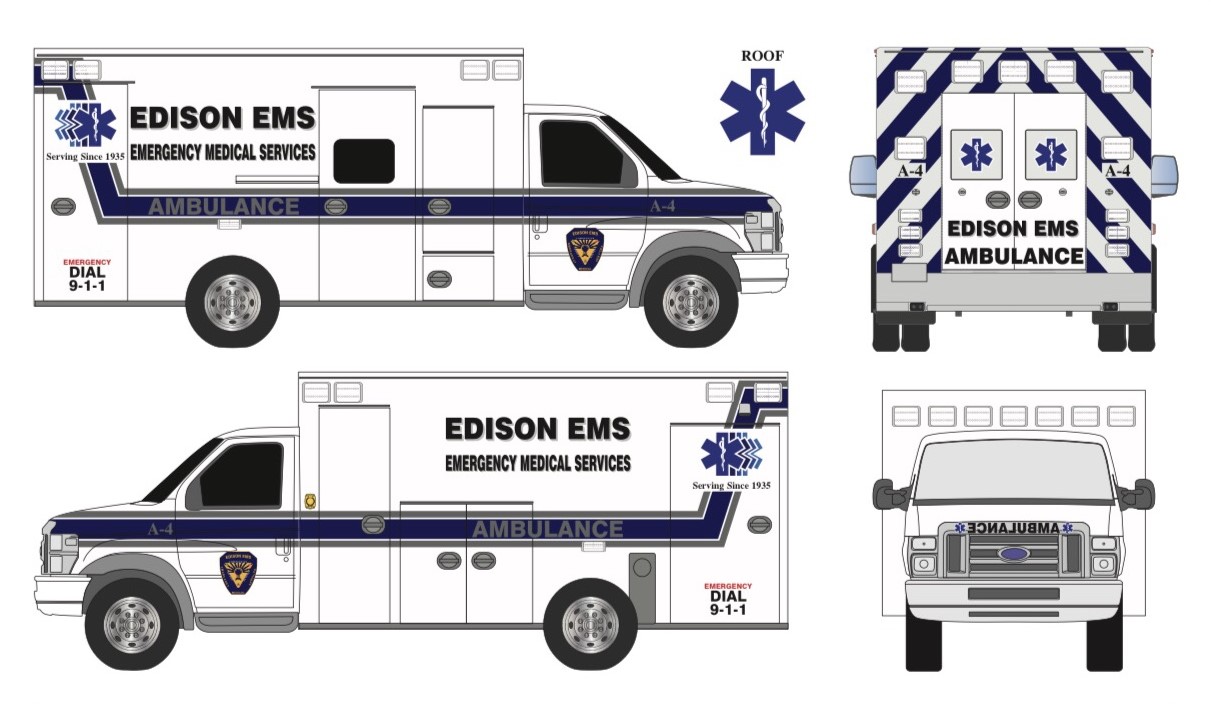 Illustrations depicting updated “Edison EMS” decals on an ambulance. EDISON EMS/Handout