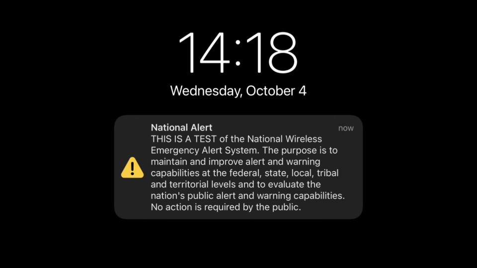 The Wireless Emergency Alert notification that appeared on mobile phones (seen here on an iPhone) at 14:18 EST when the test was conducted. ZFJ/Alvin Wu