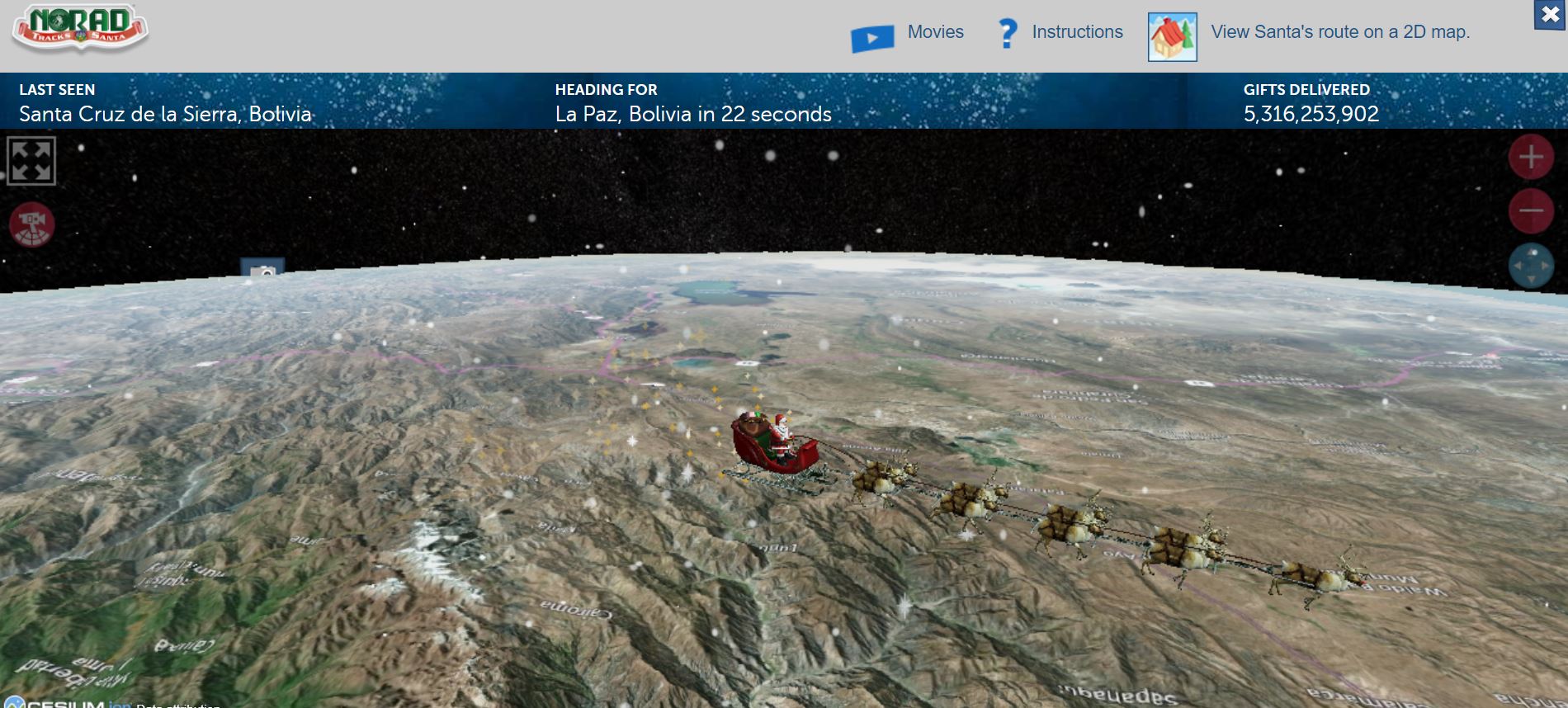 A view of NORAD Tracks Santa on Christmas Eve, 2023, at 21:42 EST, showing the sleigh heading to La Paz, Bolivia. ZFJ/Akira Rorschach