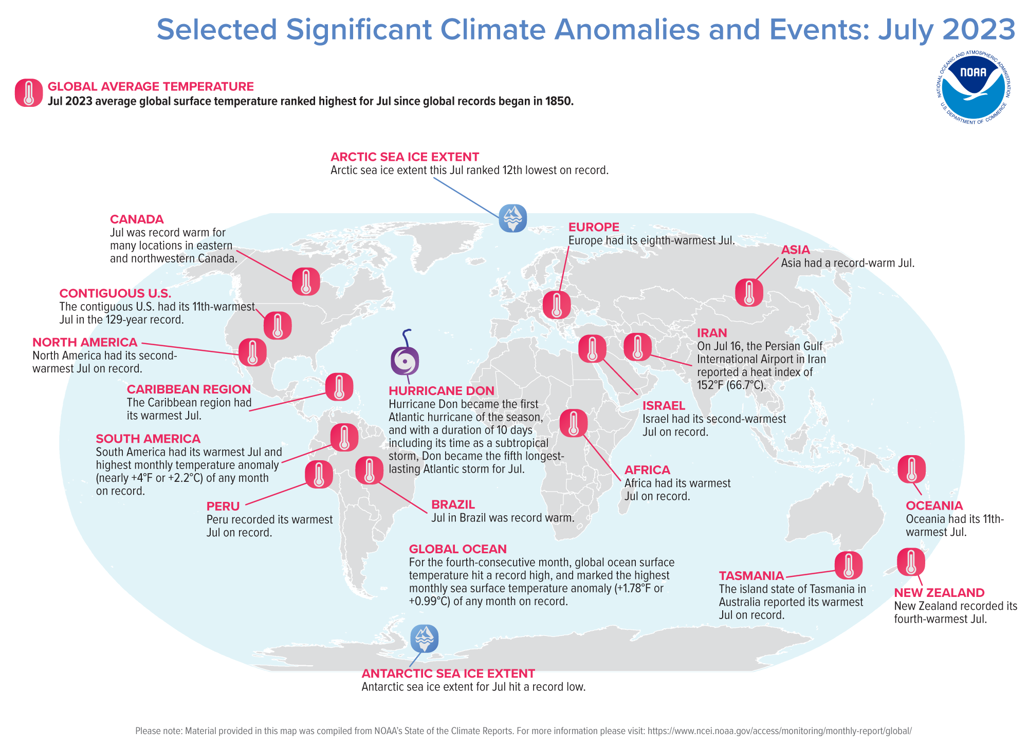 A map of the world plotted with some of the most significant climate events that occurred during July 2023. NATIONAL CENTERS FOR ENVIRONMENTAL INFORMATION, NOAA/Graphic