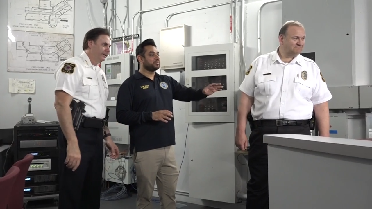 From the left, Chief Thomas Bryan, Mayor Sam Joshi, and Deputy Chief Robert Dudash view the Edison police substation at Menlo Park Mall. EDISON TV/Video