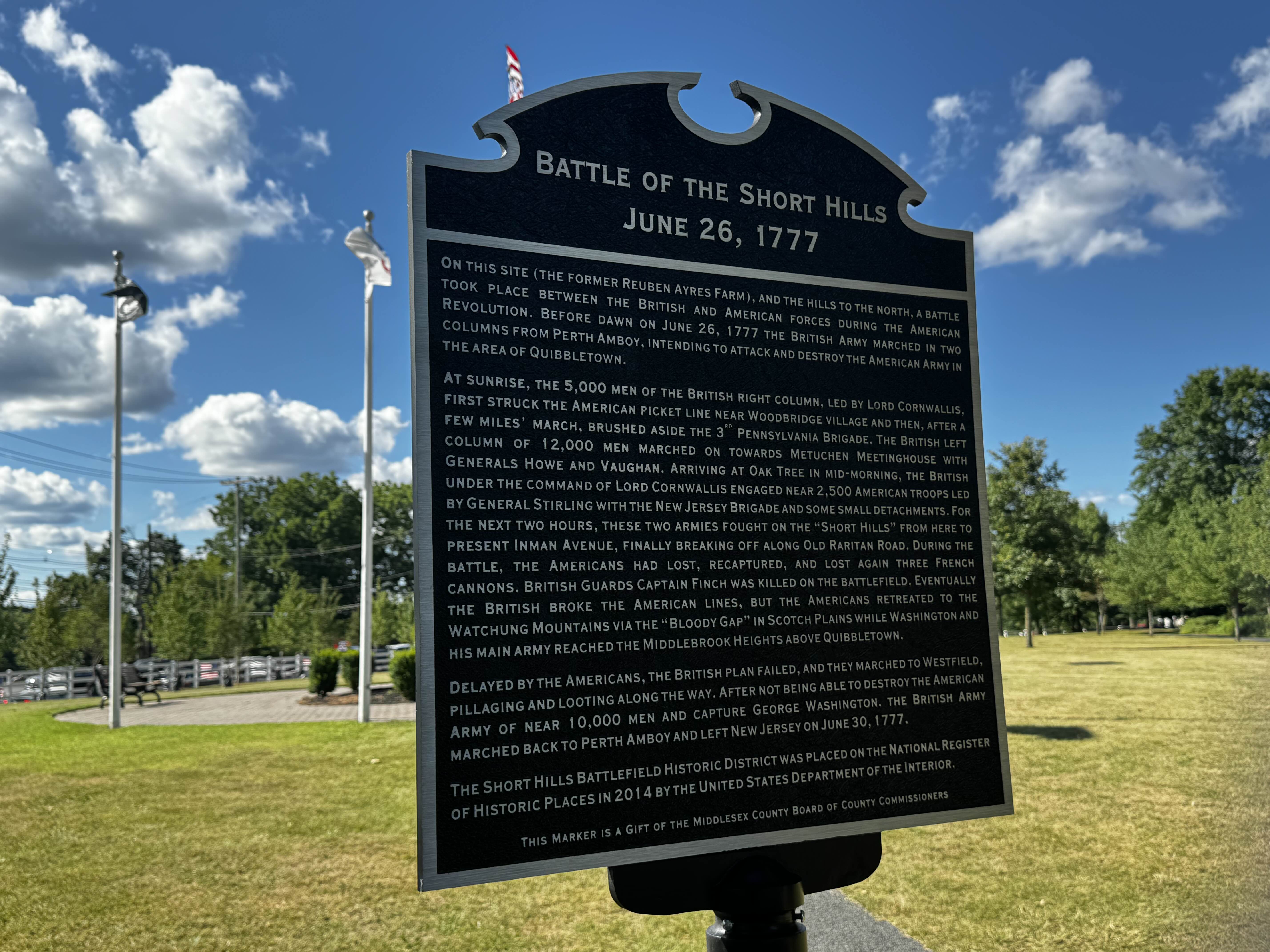 A closer view of the new historical marker at Oak Tree Pond Historic Park commemorating the Battle of Short Hills. ZFJ/Zoe Wu