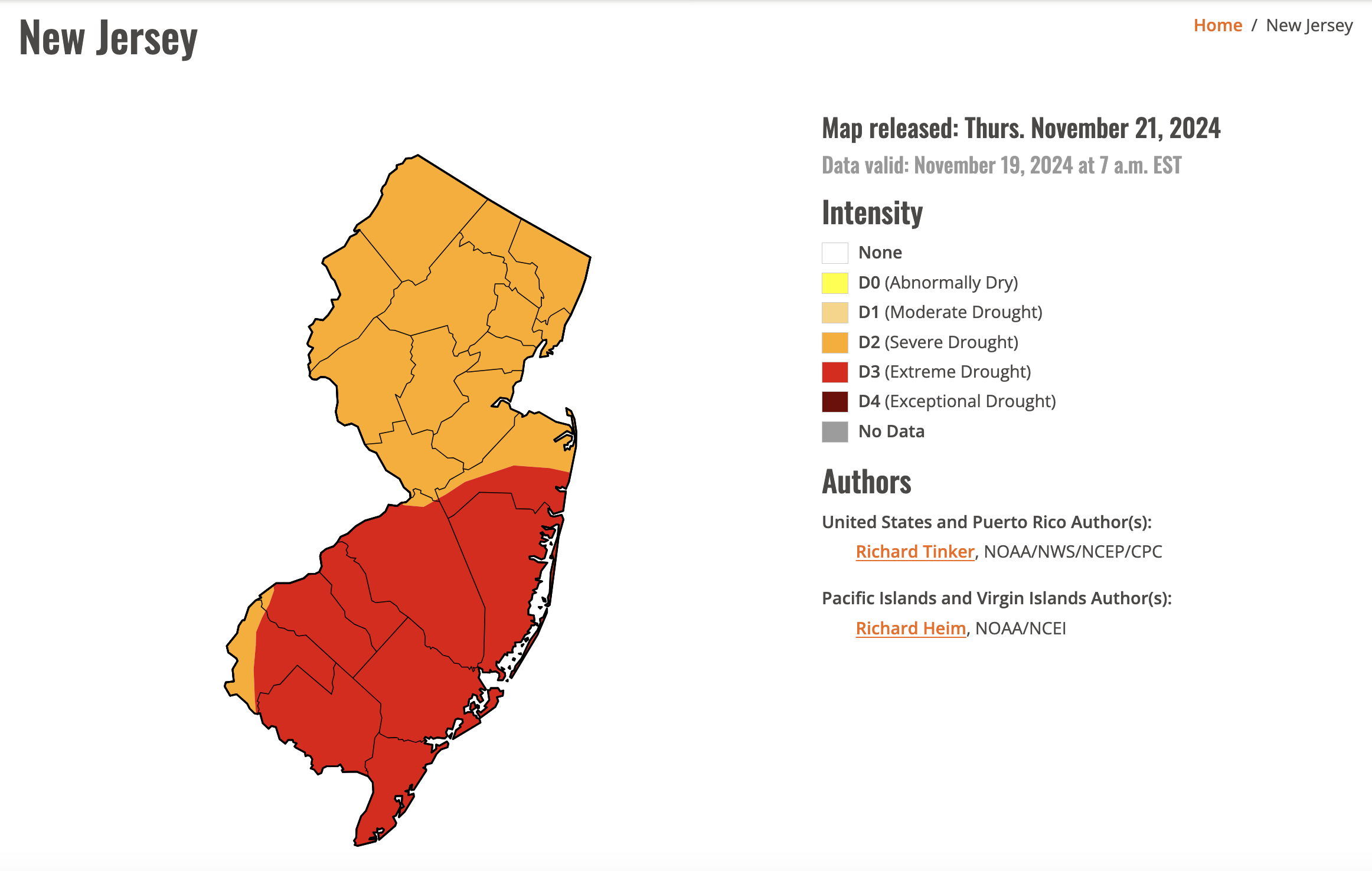 The U.S. Drought Monitor map of New Jersey released Thursday, Nov. 21, shows that the southern half of the state is under extreme drought conditions, while the rest of the state is under a severe drought. U.S. DROUGHT MONITOR/Map