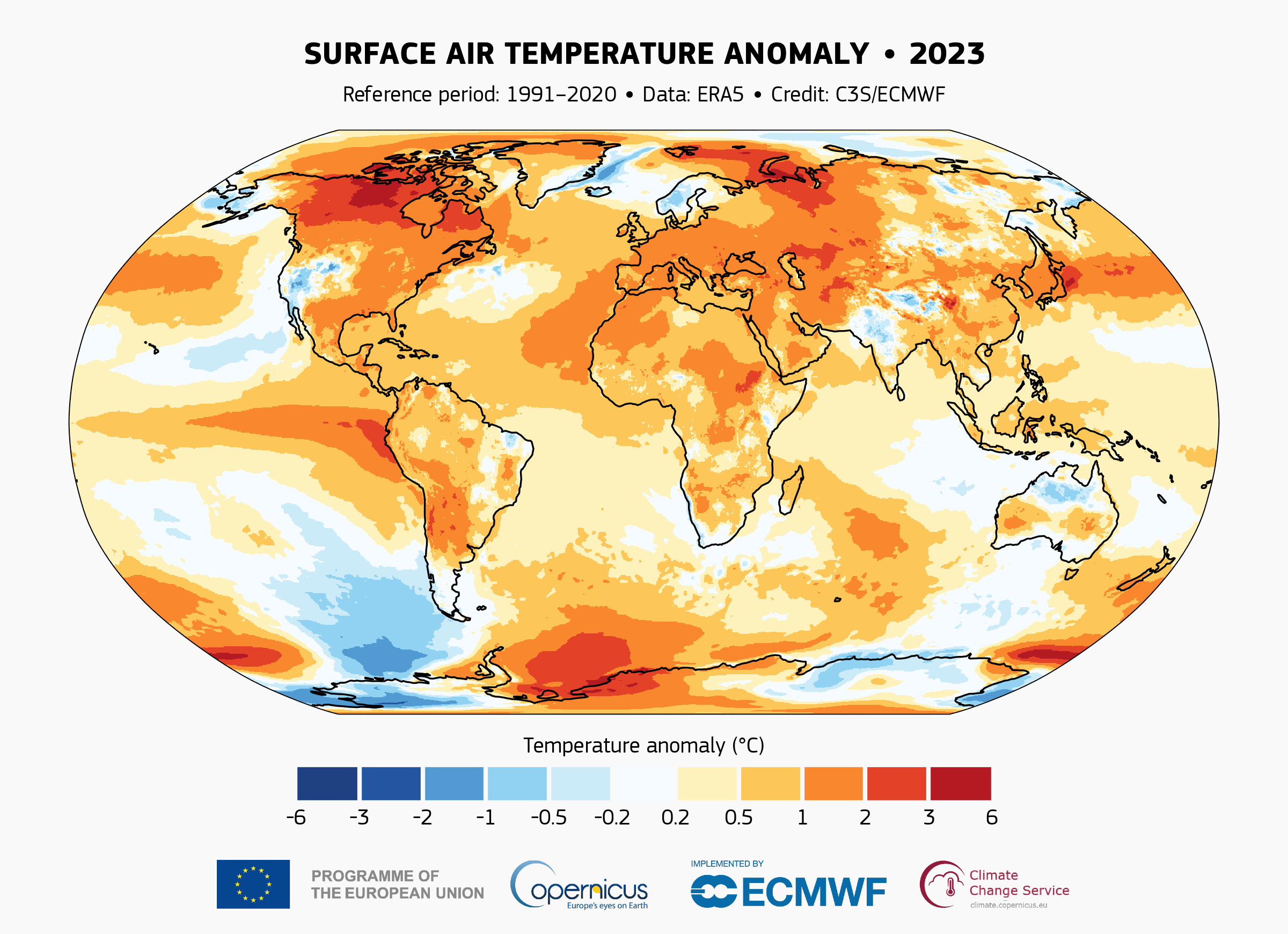 Surface air temperature anomaly for 2023 relative to the average for the 1991-2020 reference period. Data source: ERA5. C3S/Graph